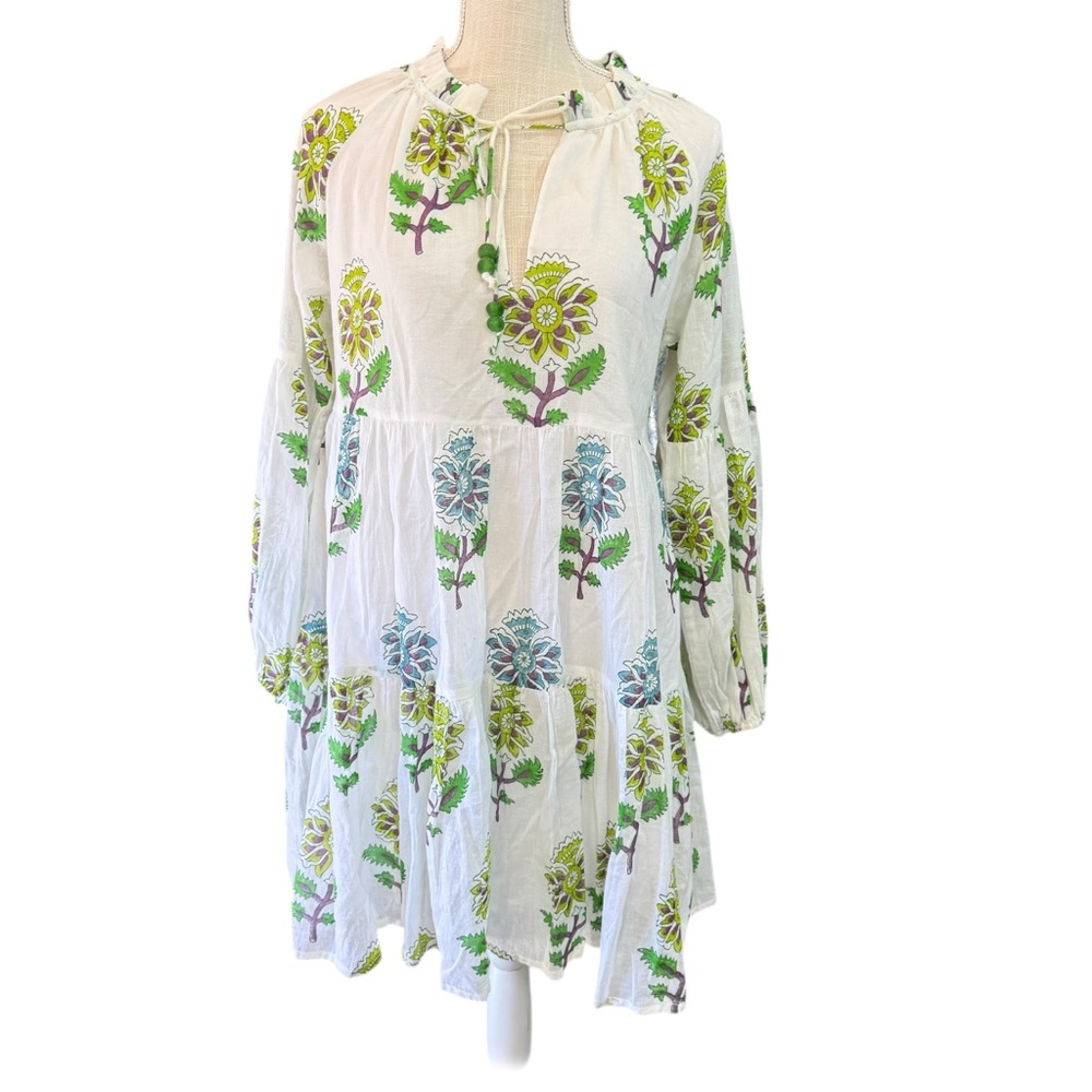 Oliphant balloon sleeve dress white floral green, purple medium cotton tiered‎